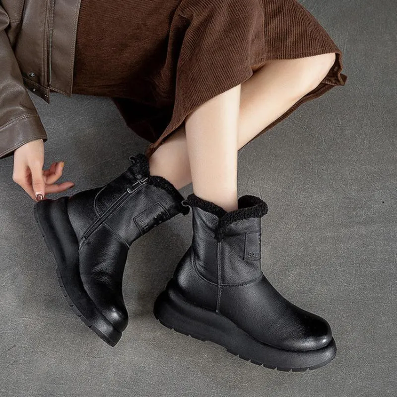 Women Simple Solid Leather Winter Furred Snow Boots