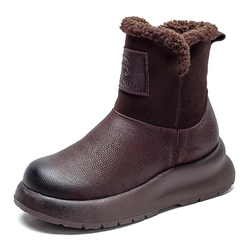 Women Simple Solid Leather Winter Furred Snow Boots