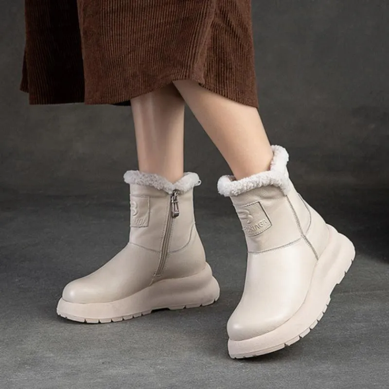 Women Simple Solid Leather Winter Furred Snow Boots