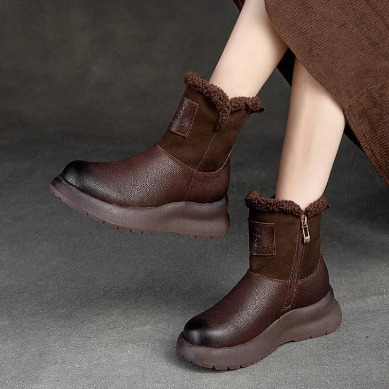 Women Simple Solid Leather Winter Furred Snow Boots
