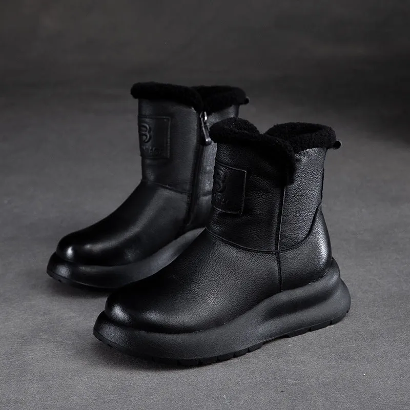 Women Simple Solid Leather Winter Furred Snow Boots