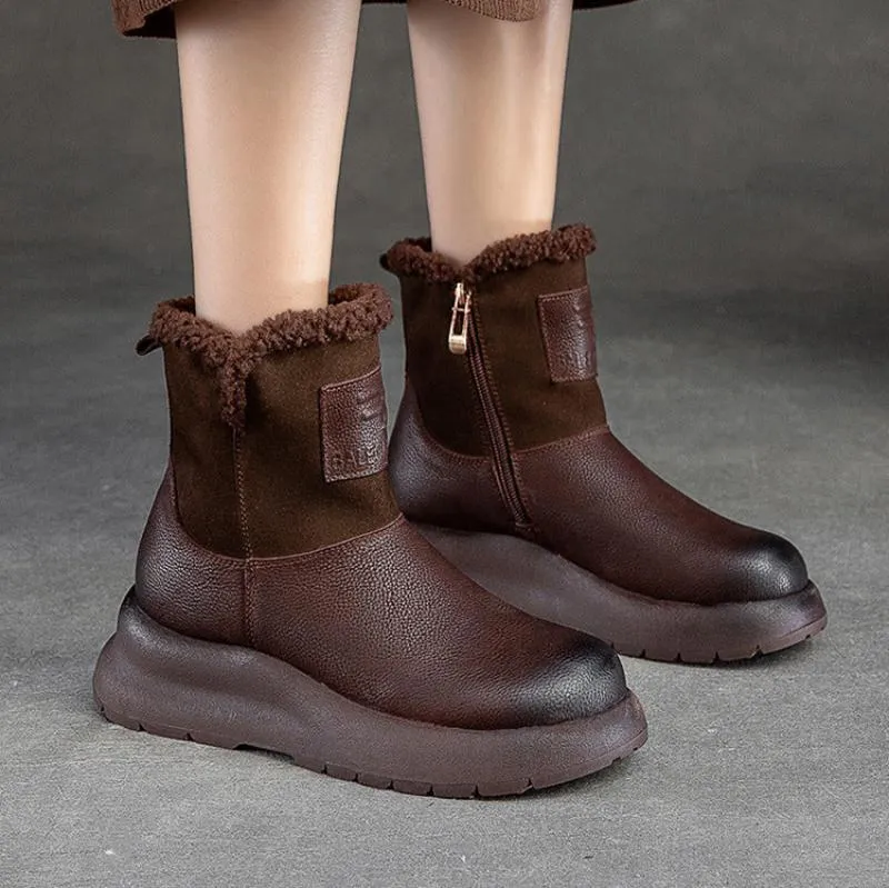Women Simple Solid Leather Winter Furred Snow Boots