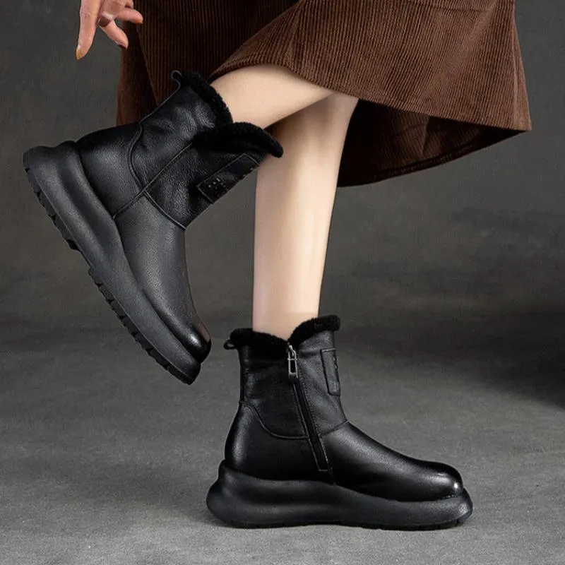 Women Simple Solid Leather Winter Furred Snow Boots