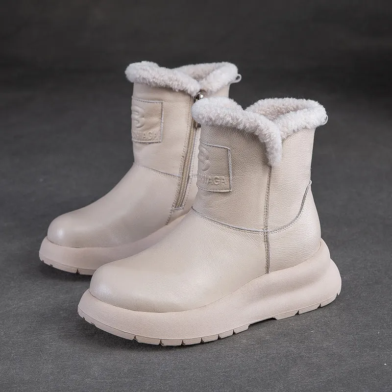 Women Simple Solid Leather Winter Furred Snow Boots