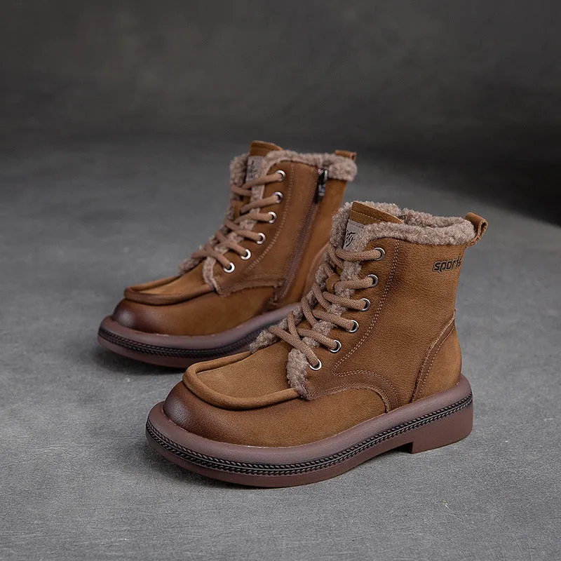 Women Vintage Solid Leather Furred Ankle Snow Boots