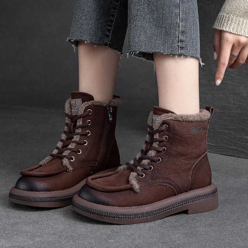 Women Vintage Solid Leather Furred Ankle Snow Boots