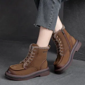 Women Vintage Solid Leather Furred Ankle Snow Boots