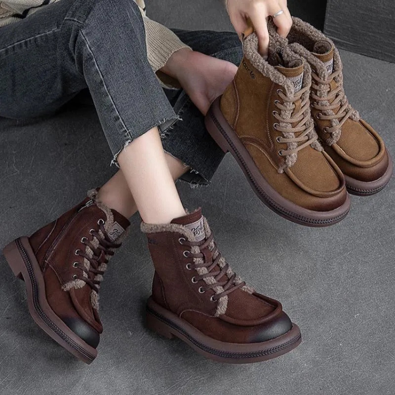 Women Vintage Solid Leather Furred Ankle Snow Boots