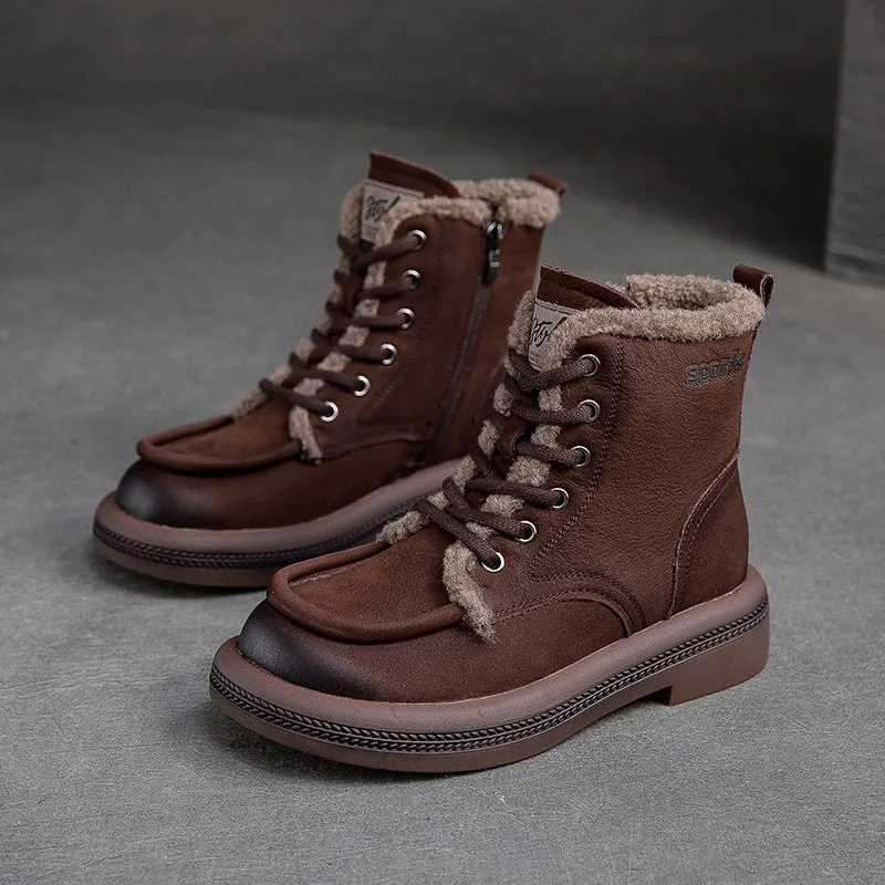 Women Vintage Solid Leather Furred Ankle Snow Boots