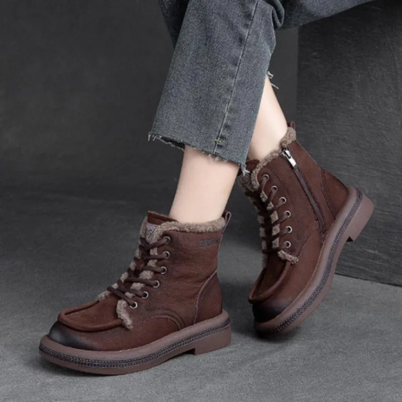 Women Vintage Solid Leather Furred Ankle Snow Boots