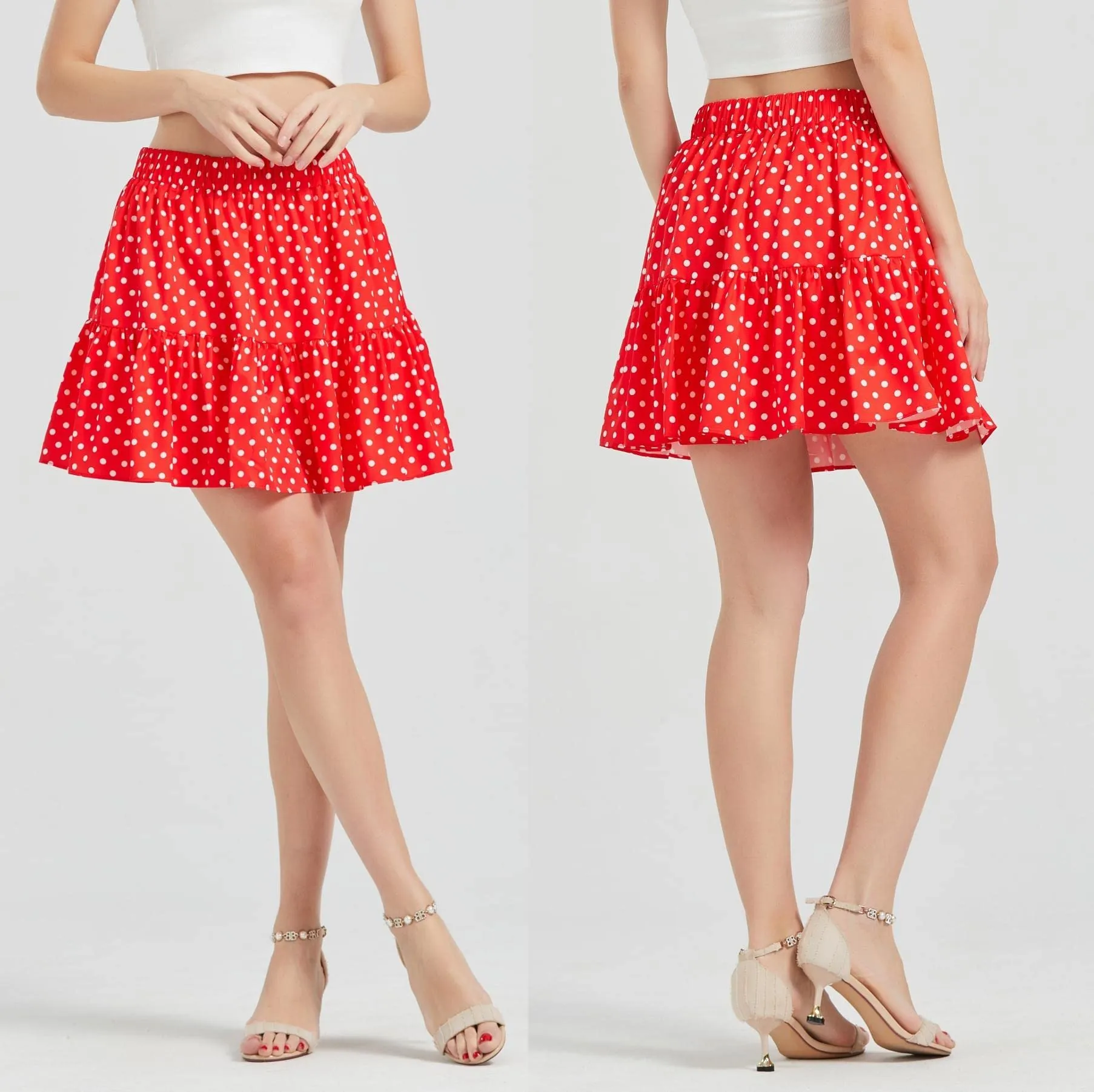 Women's Summer High Waist Ruffle Skirt A-Line Casual Print Pleated Swing Beach Skater Flared Mini Skirt with Shorts