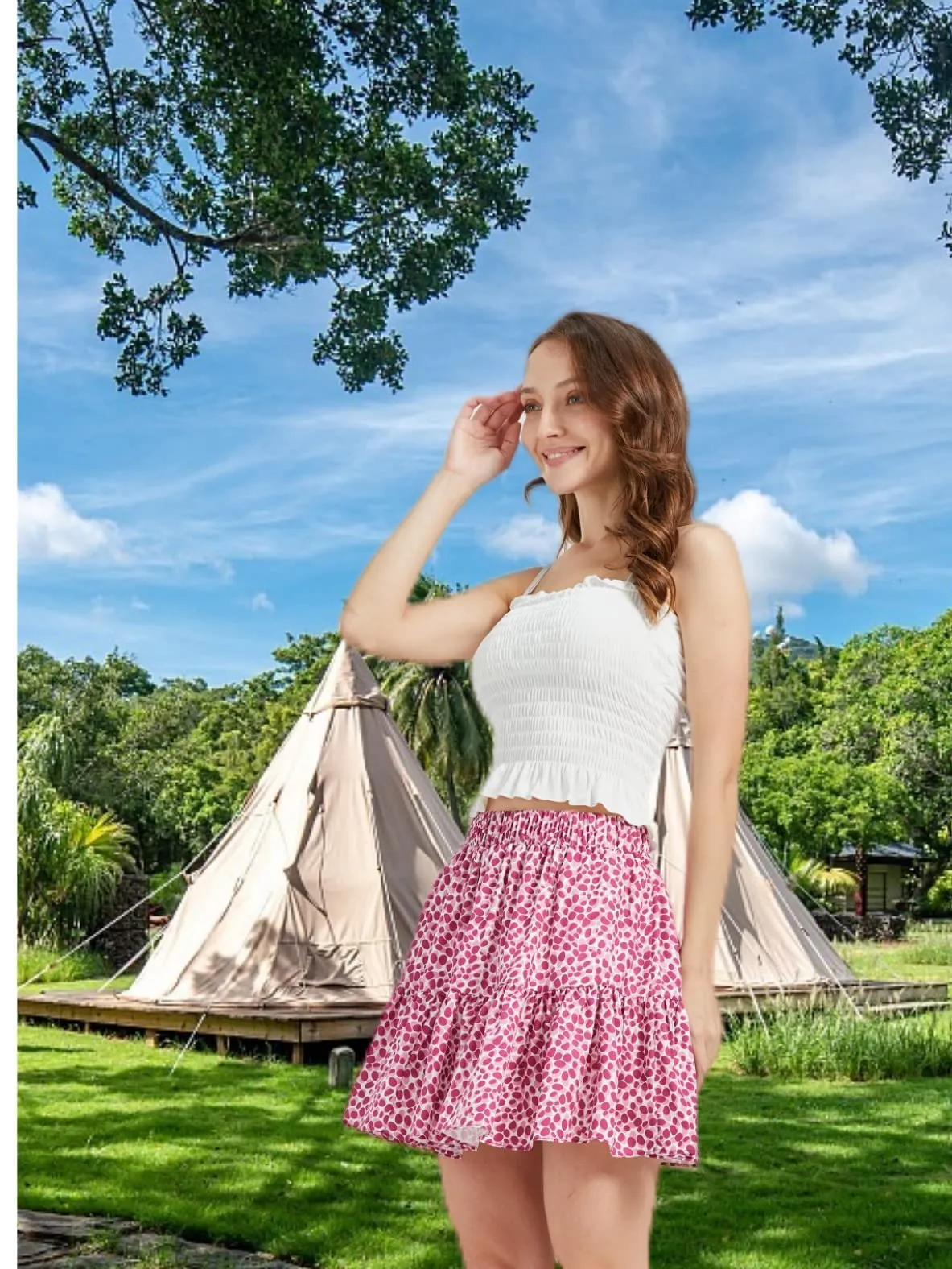 Women's Summer High Waist Ruffle Skirt A-Line Casual Print Pleated Swing Beach Skater Flared Mini Skirt with Shorts