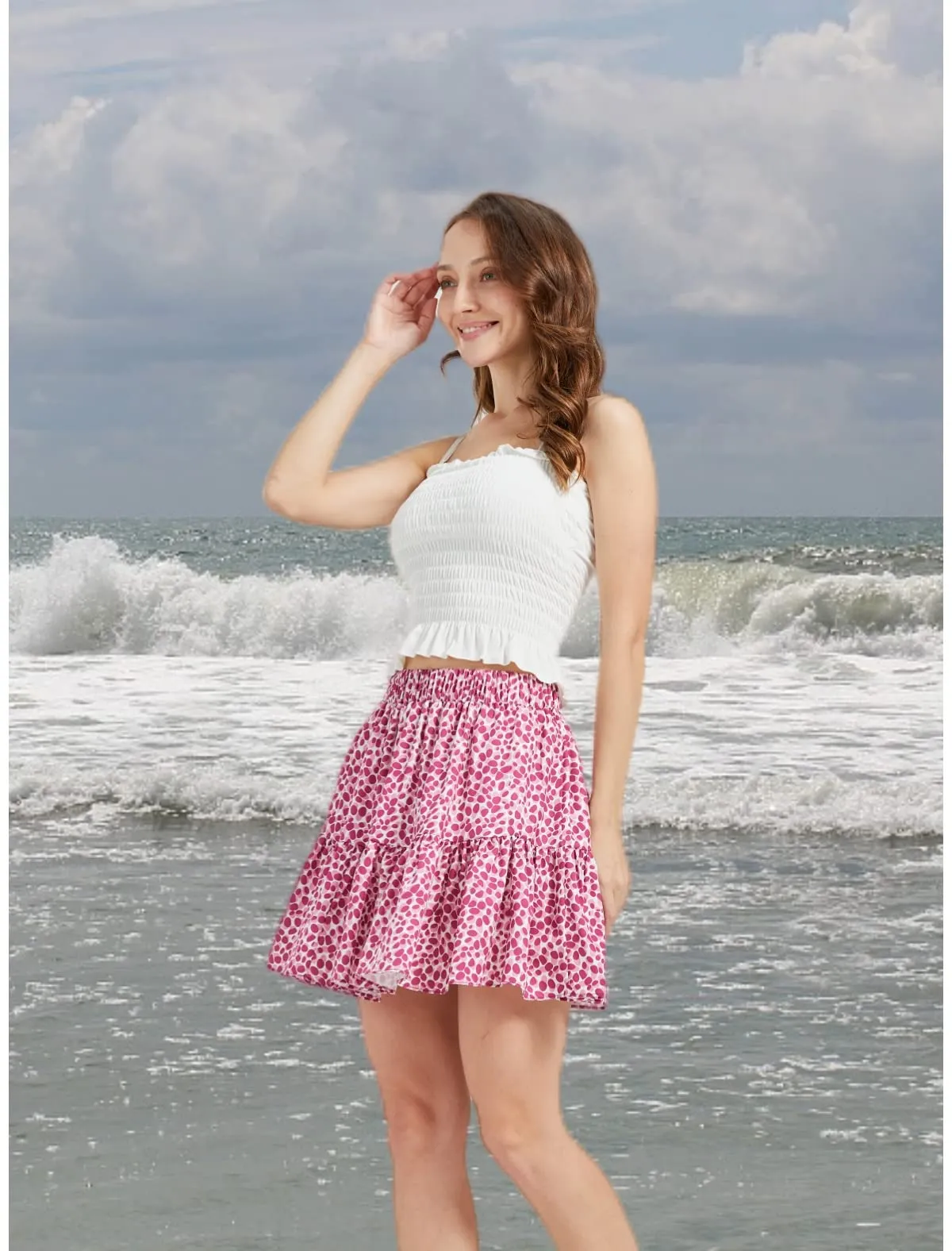 Women's Summer High Waist Ruffle Skirt A-Line Casual Print Pleated Swing Beach Skater Flared Mini Skirt with Shorts